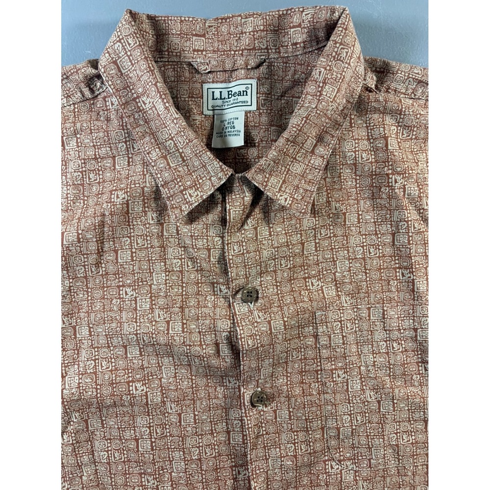 LL Bean Button Down Shirt Mens Large L Brown Geometric Tile Print Cotton Casual